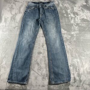 BKE Men's Sz 28/32 Black Bootcut Medium Wash Jeans Flap Pockets Embroidered